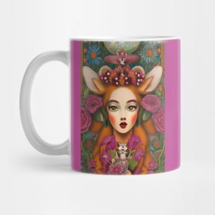 Fantasy Fox Goddess with crown of flowers holding a chipmunk. Mug